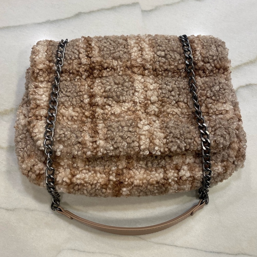 Zara Faux Fur Crossbody Flap Bag Pink Cream Tan Plaid Chain strap - Picture 2 of 13